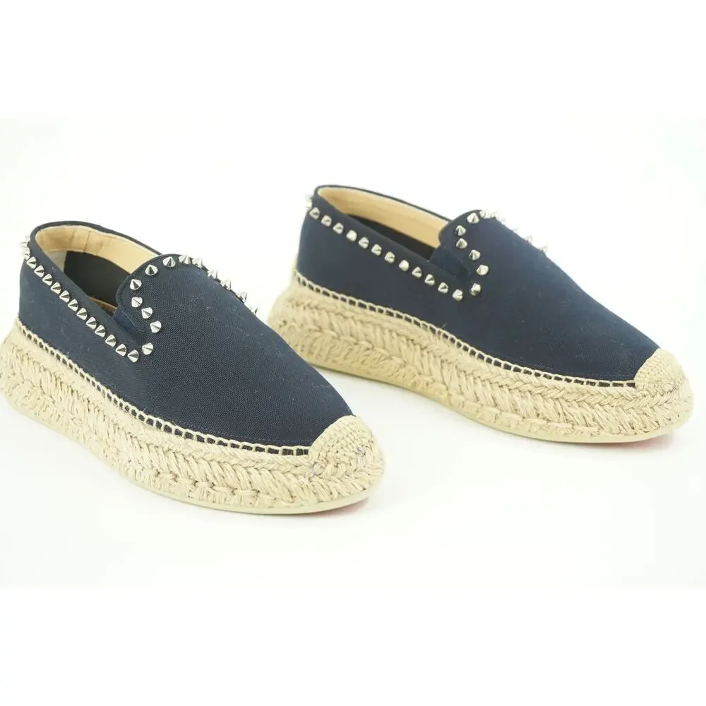 Christian Louboutin Espaboat Navy Canvas Spiked Espadrille Flat SZ 37 NIB